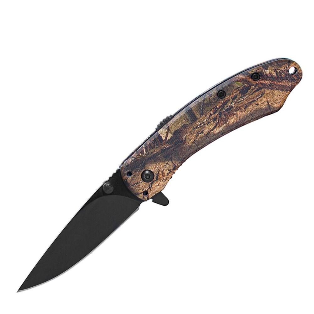 Camouflage folding pocket knife with black blade