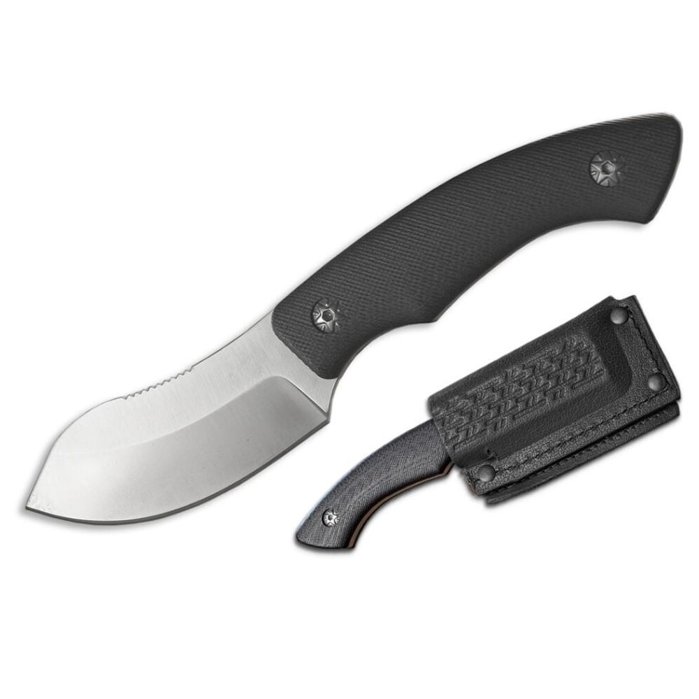 Fixed-blade knife with black handle and sheath