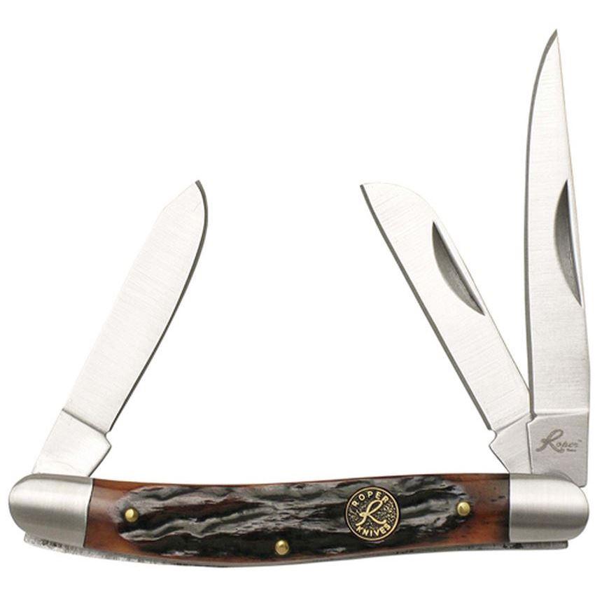 Three-blade folding pocket knife with wooden handle