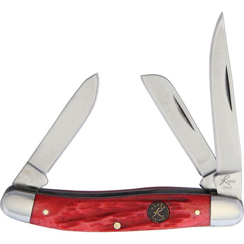 Red-handled three-blade folding pocket knife