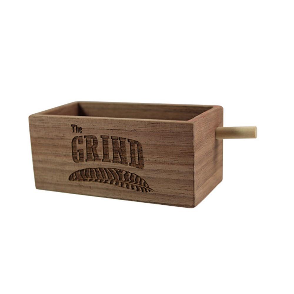 Wooden box with handle and engraved text