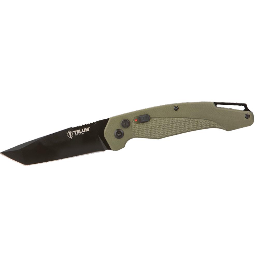 Black folding knife with green handle