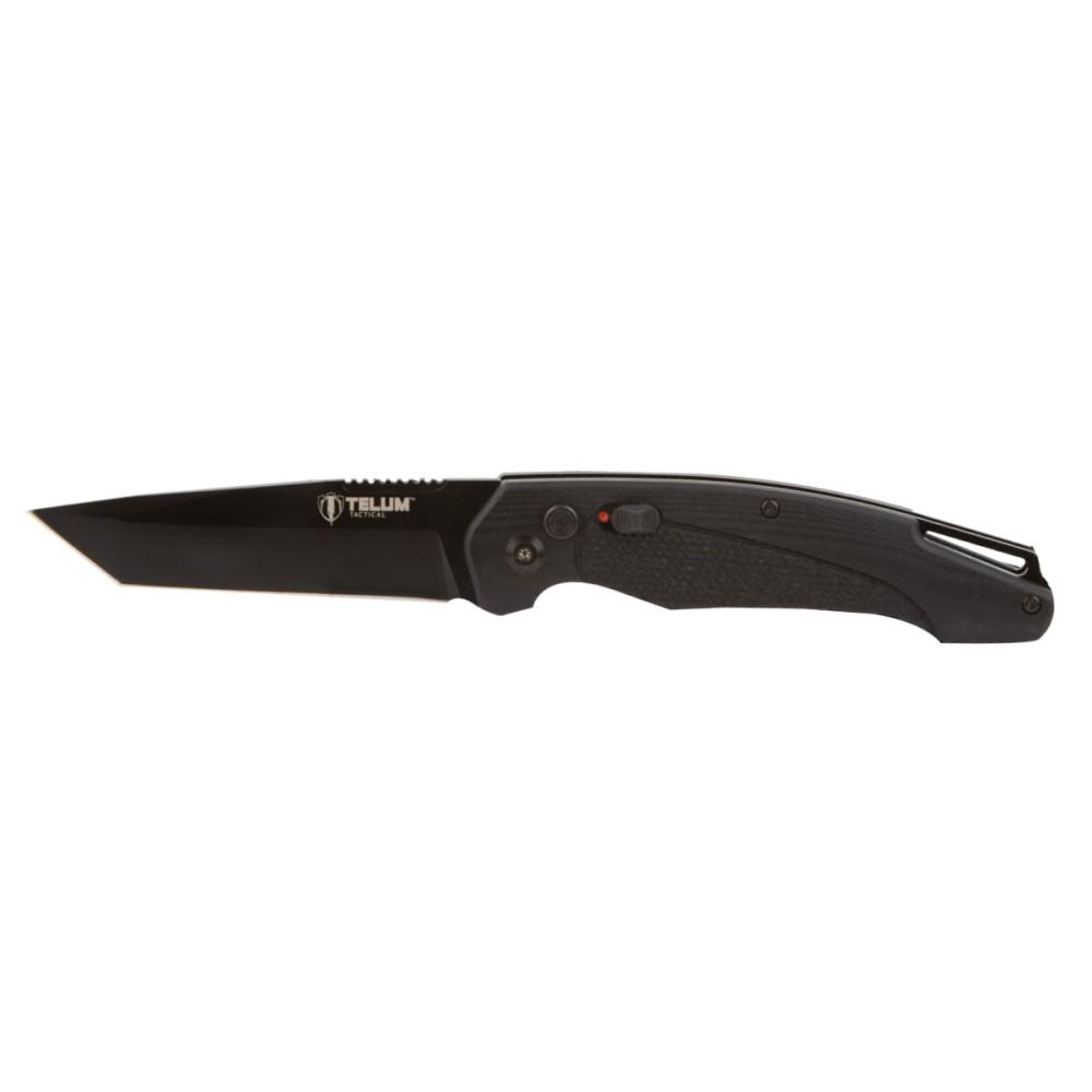 Black Telum Tactical folding knife on white background