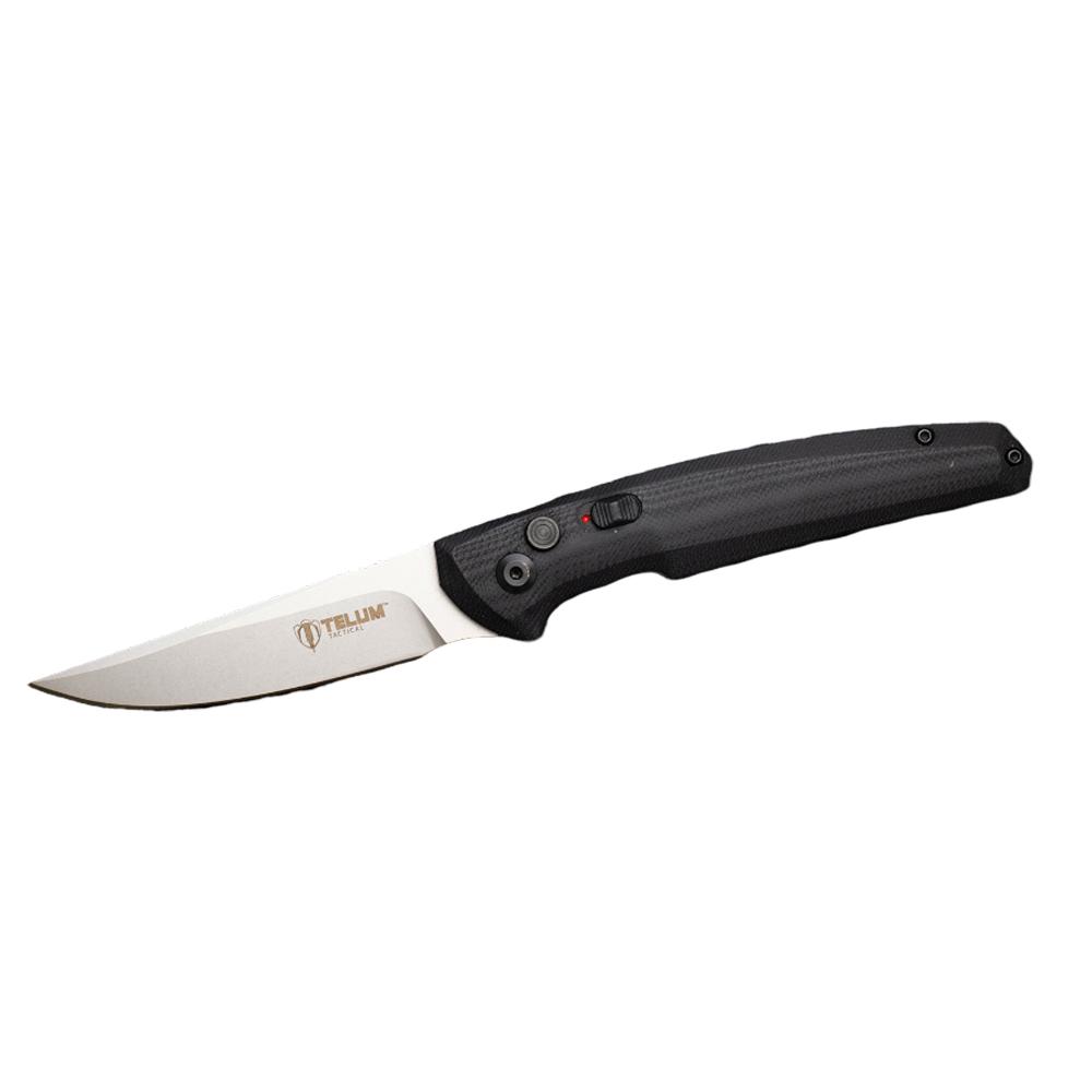 Black-handled folding knife with silver blade