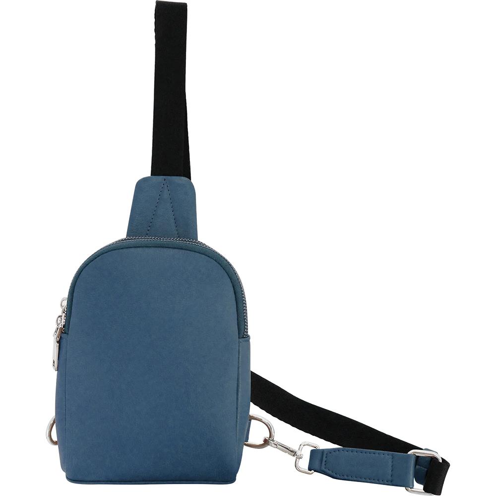 Blue sling bag with black strap