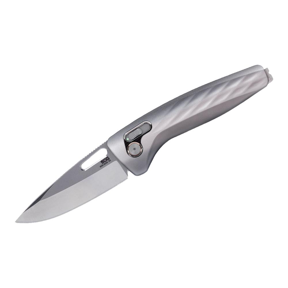 Silver folding pocket knife on white background