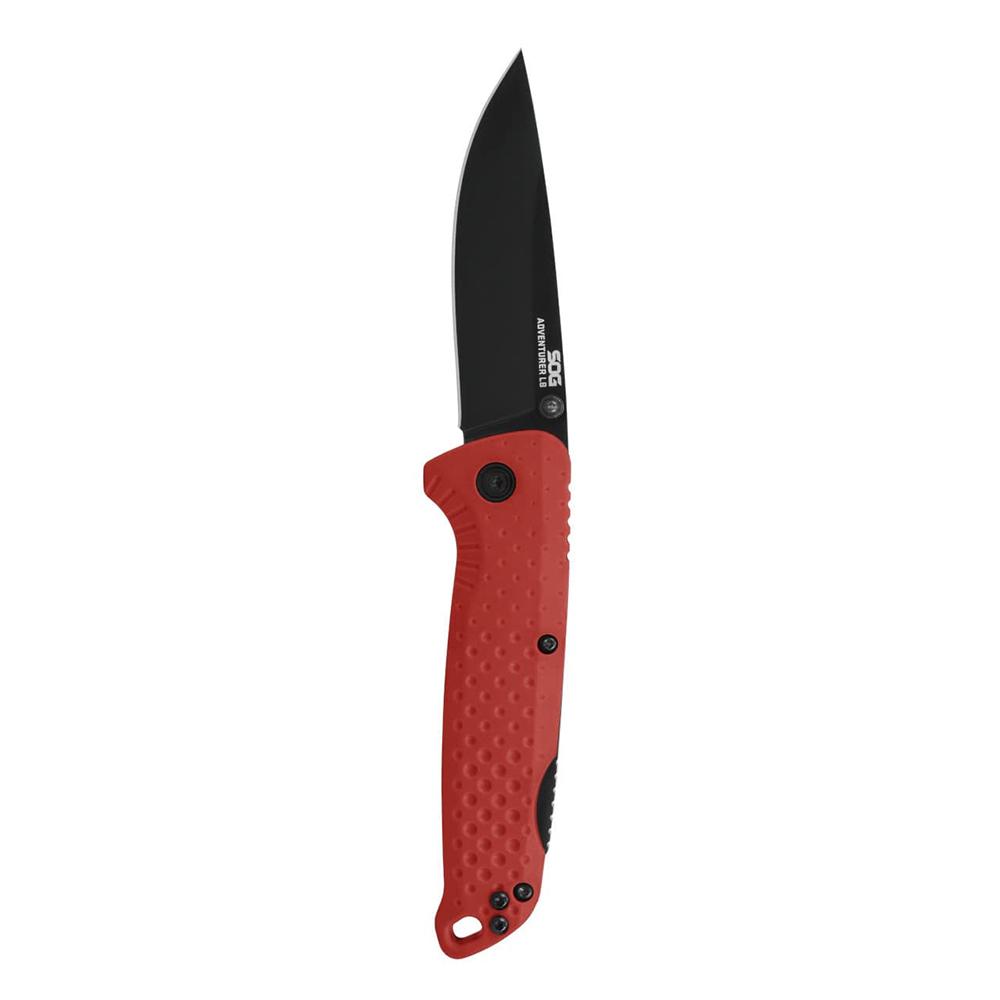 Red-handled folding knife with black blade