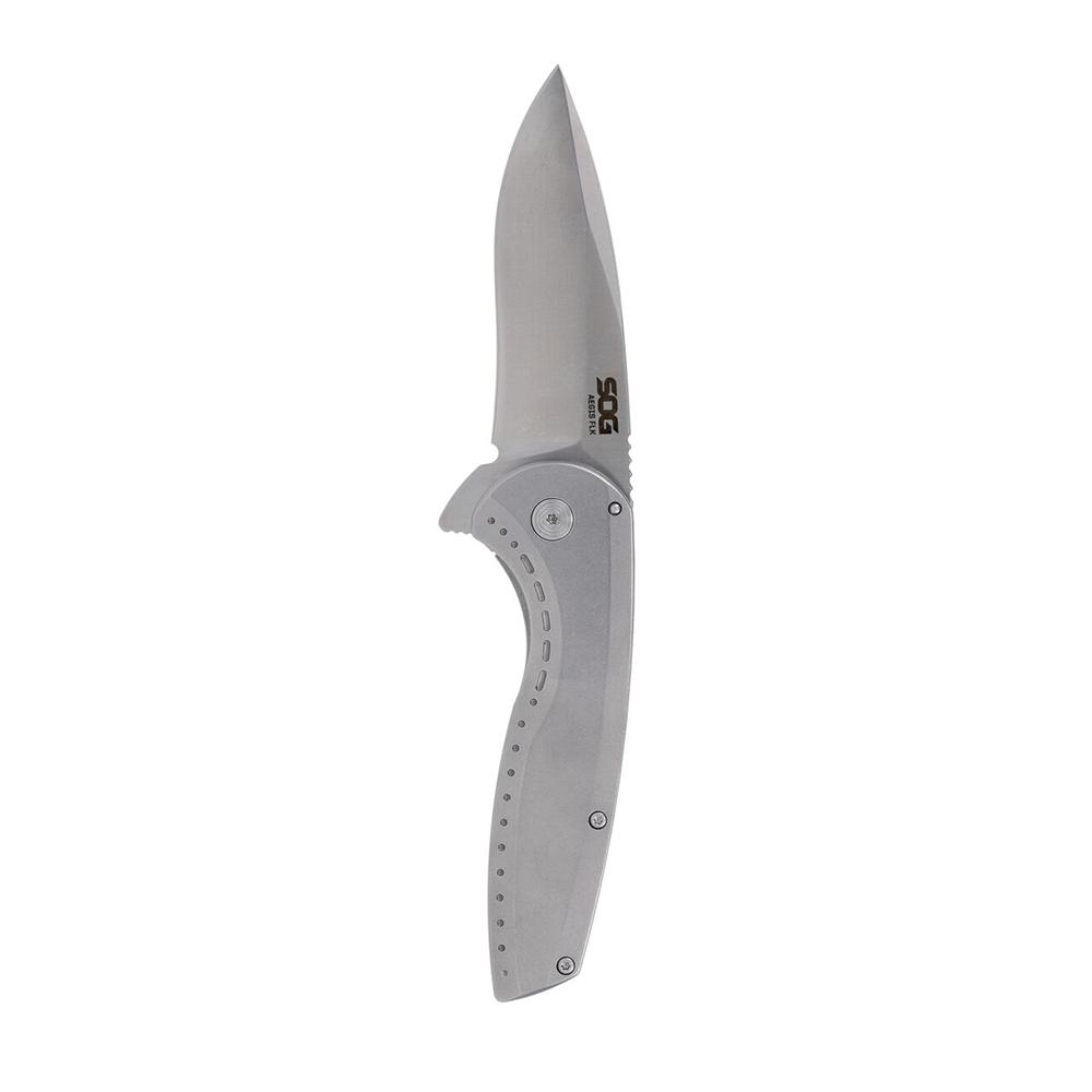 Silver SOG folding knife with blade open