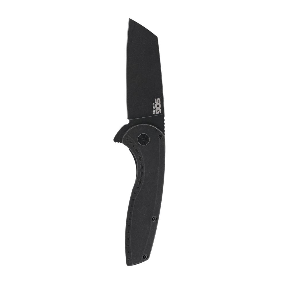 Black folding pocket knife with open blade