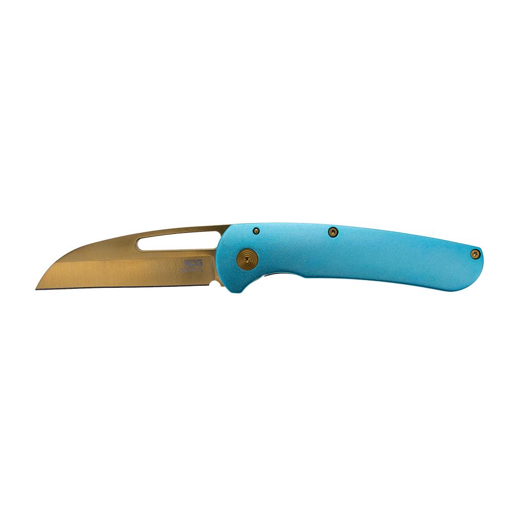 Blue-handled folding knife with gold blade