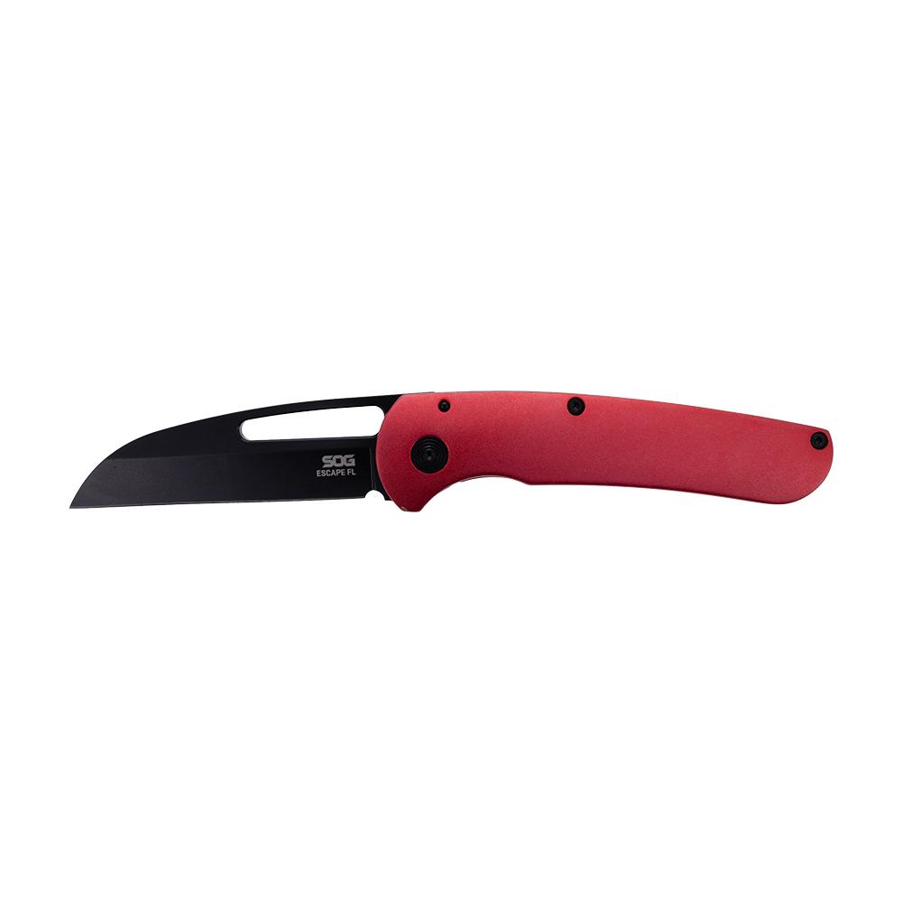 Red-handled folding knife with black blade