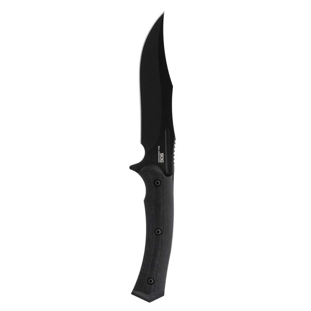 Black fixed-blade tactical knife on white background