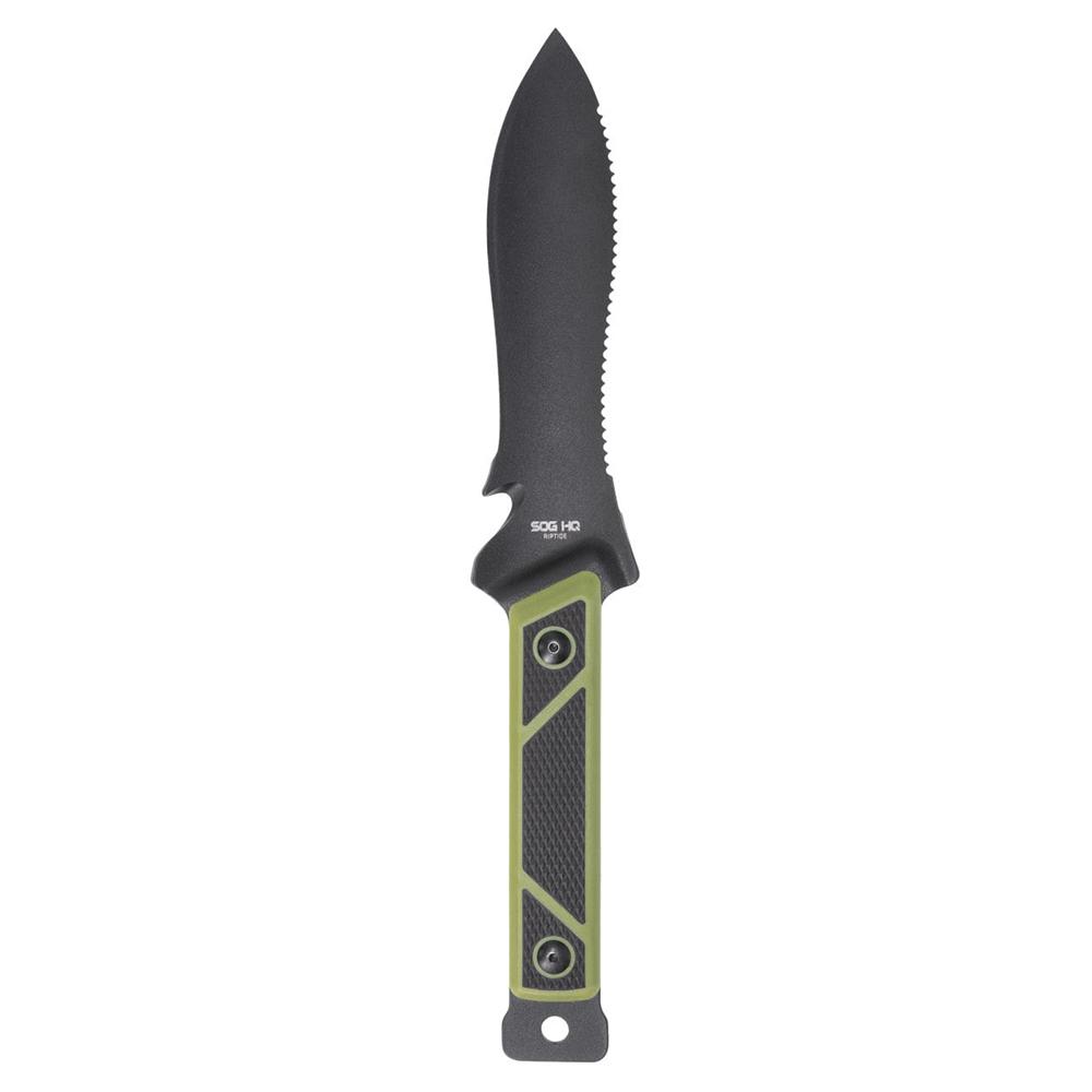 Black partially serrated fixed-blade knife with green handle