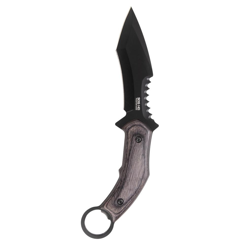 Fixed-blade tactical knife with curved wooden handle