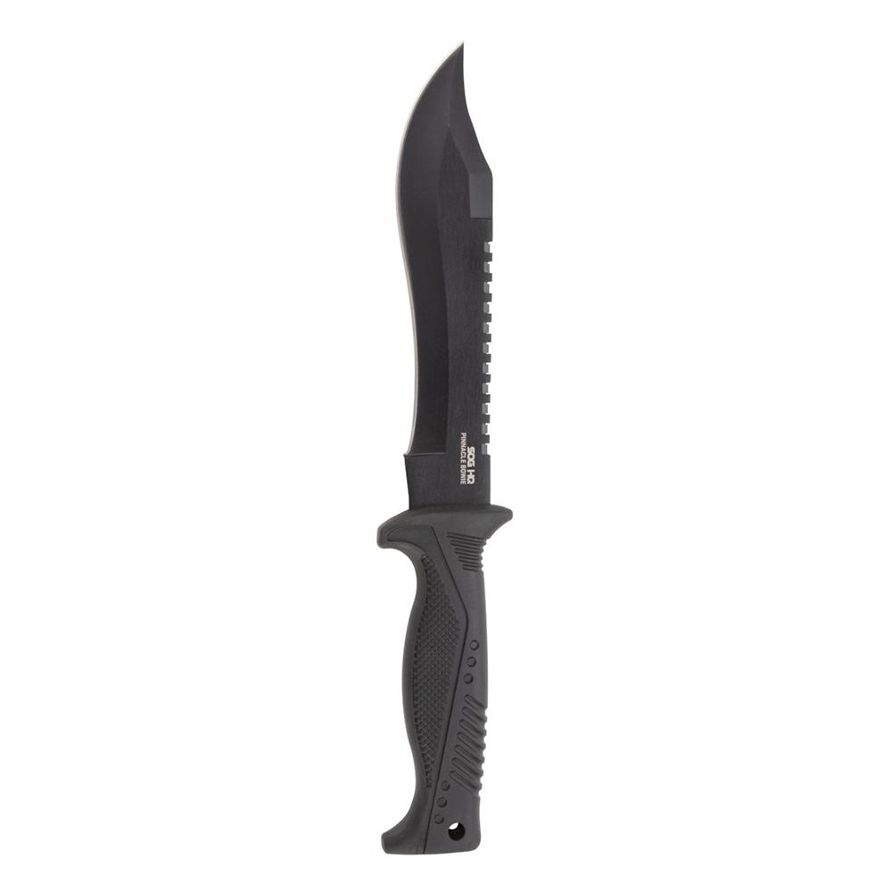 Black tactical fixed-blade knife with serrated edge