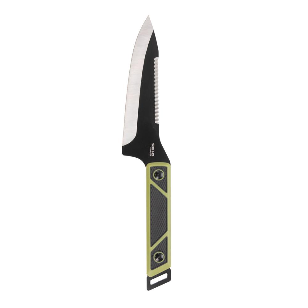 Partially serrated fixed-blade knife with green handle