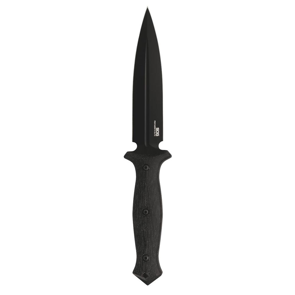 Black double-edged tactical knife on white background