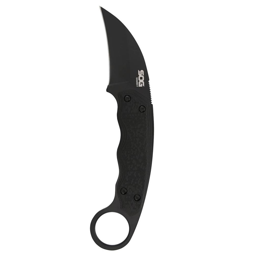 Black karambit knife with curved blade and finger ring