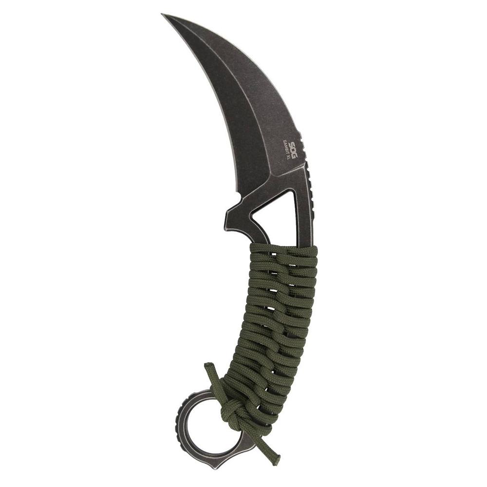Curved karambit knife with paracord-wrapped handle