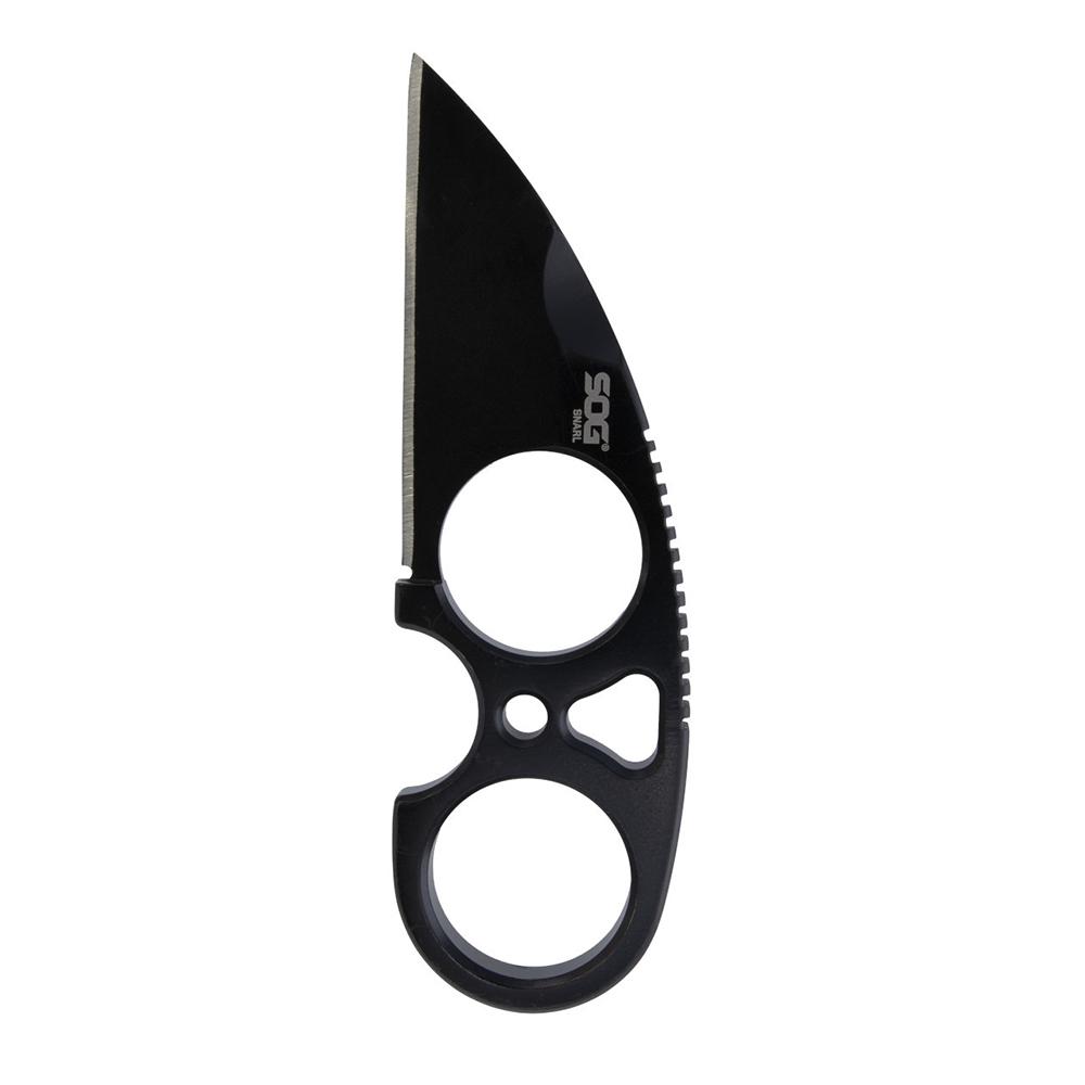 Compact black karambit-style knife with finger holes