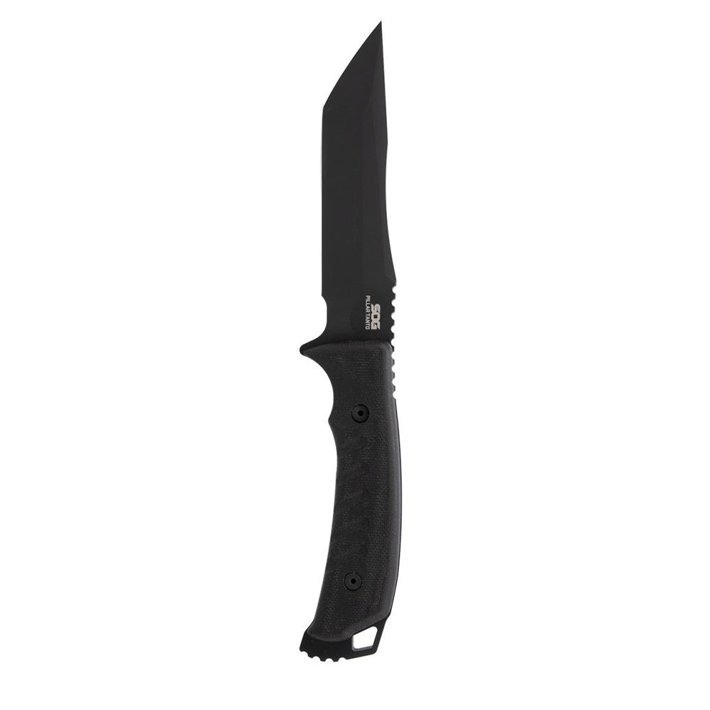 Black tactical fixed-blade knife on white background