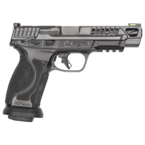 Handgun featuring a black finish and textured grip