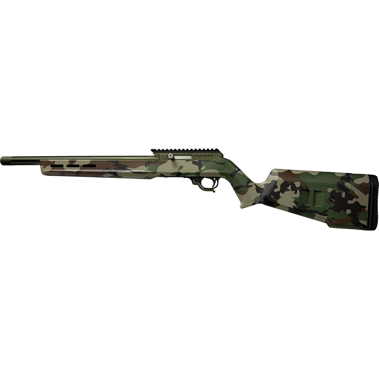 Camouflage-patterned bolt-action rifle on white background