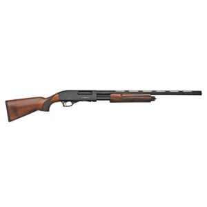 Side view of a shotgun with wooden details.