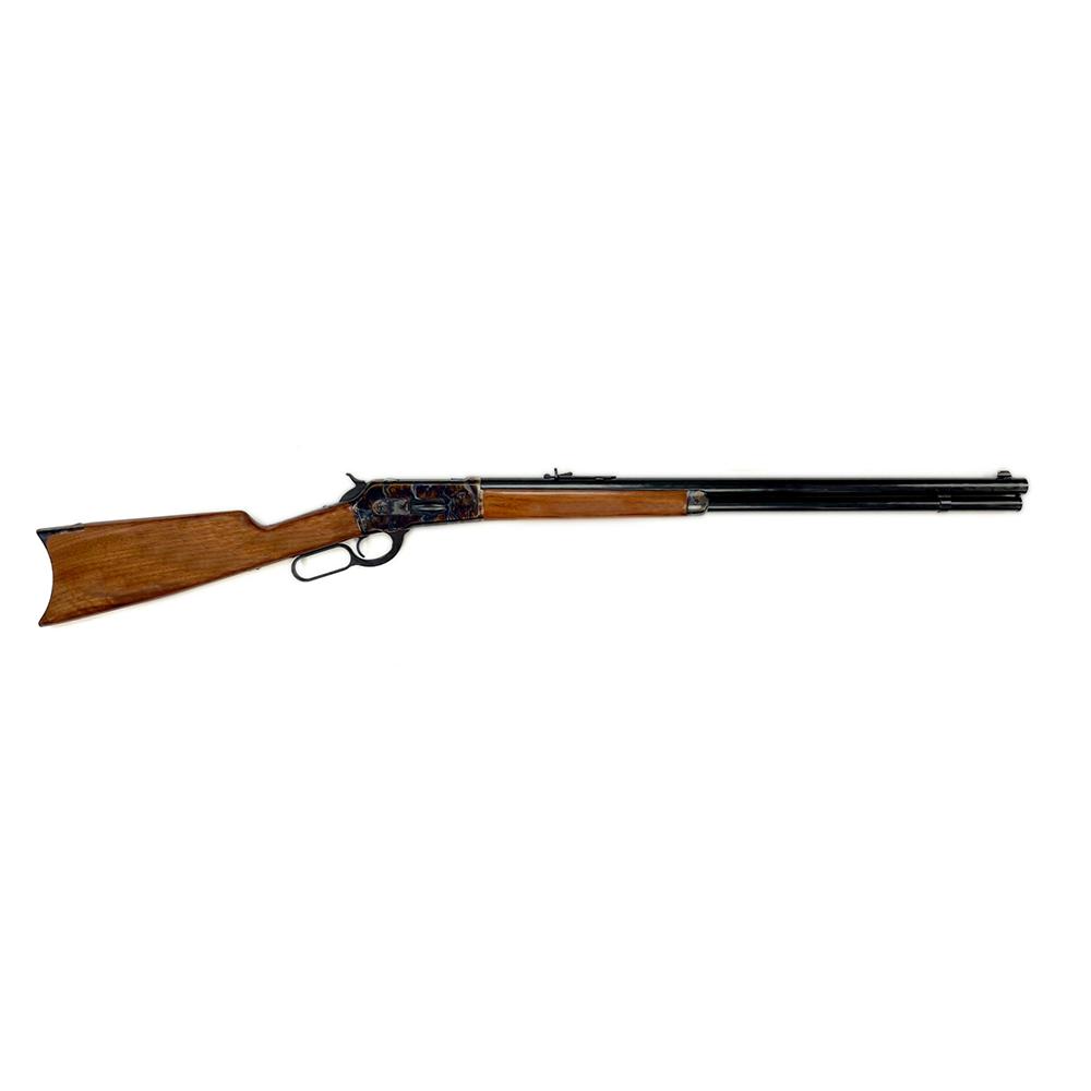 Lever-action rifle with wooden stock on white