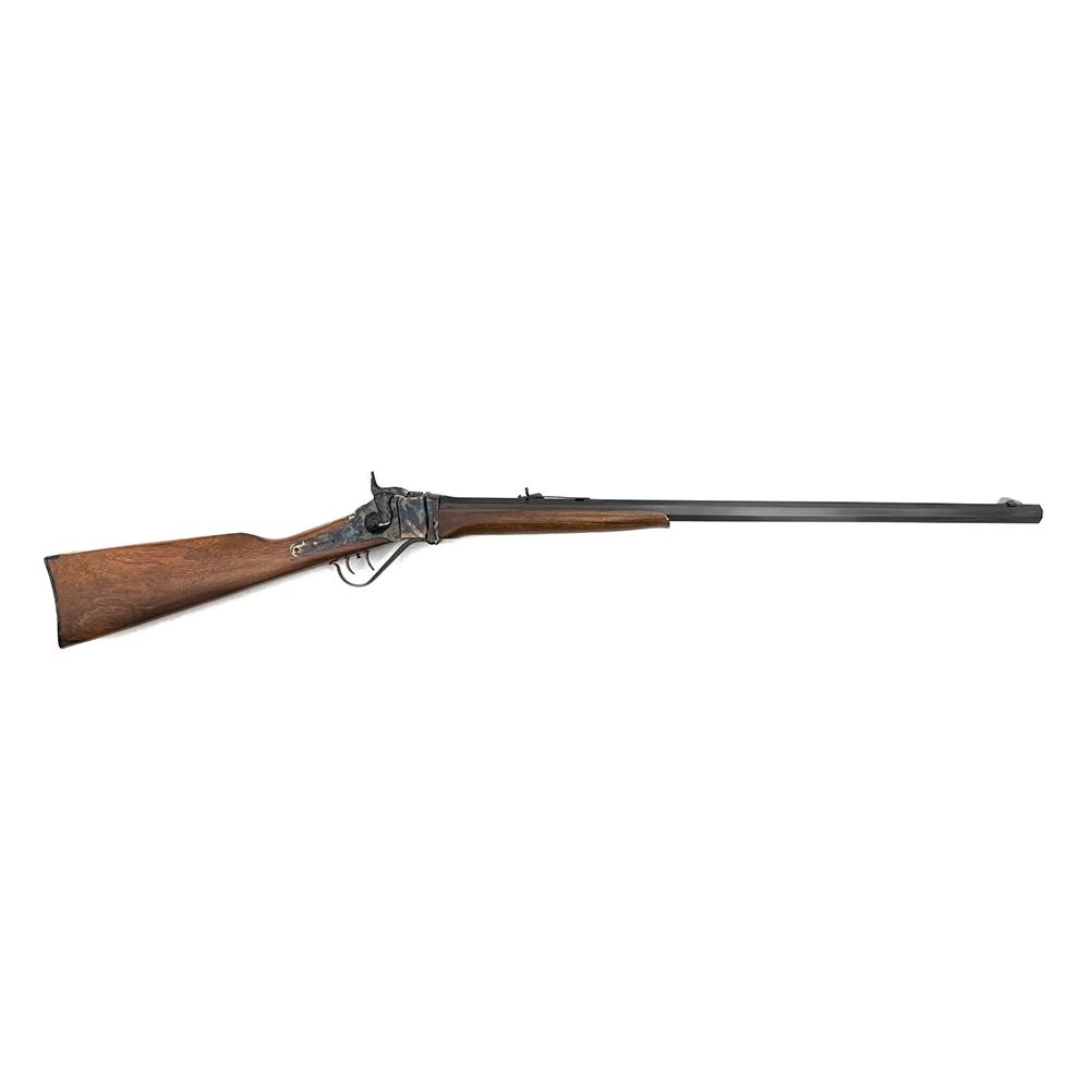 Vintage wooden rifle on a white background.