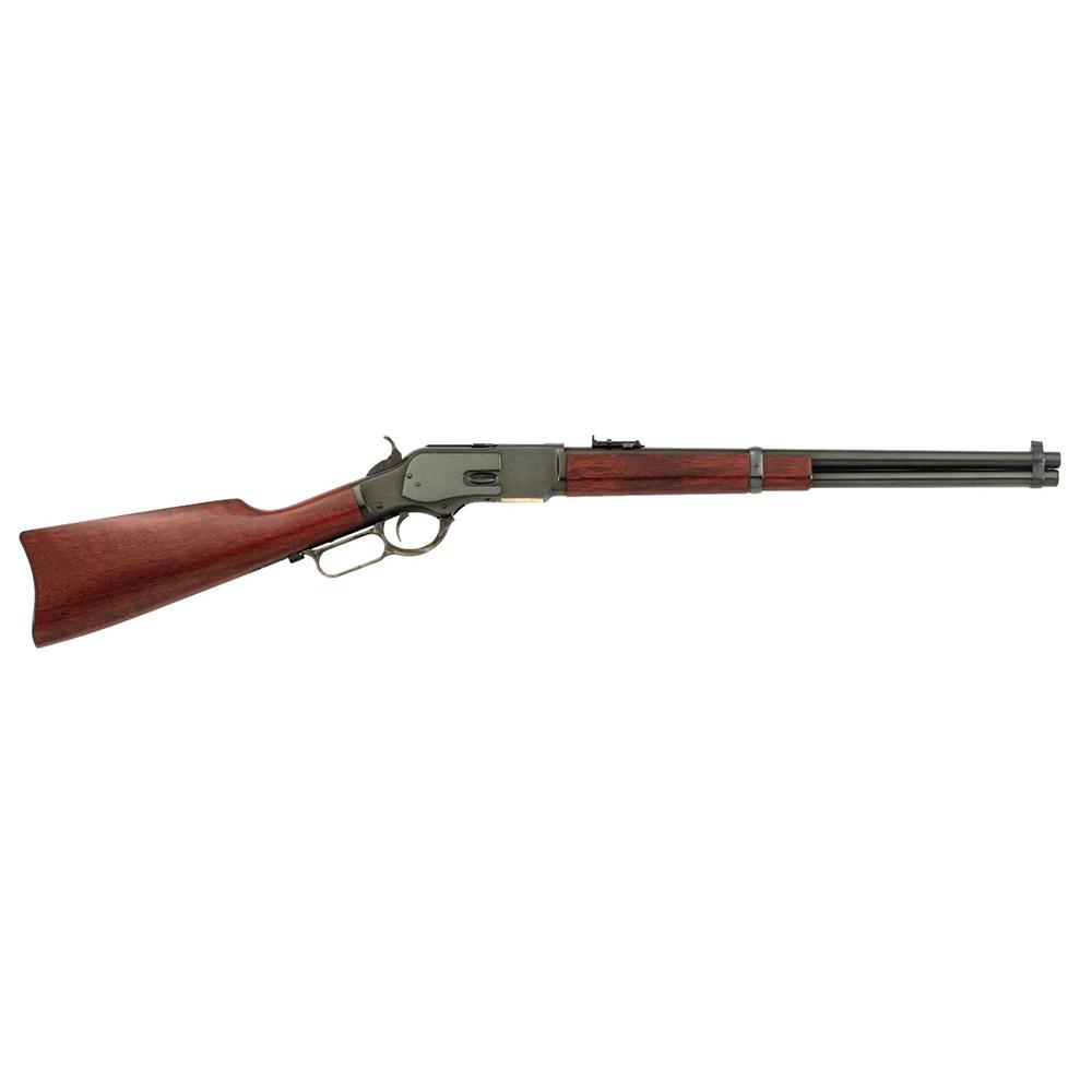 Lever-action rifle with wooden stock and metal barrel.