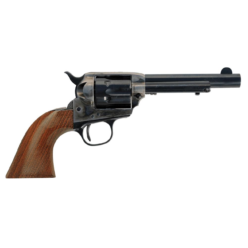 Vintage revolver with wooden grip on white background