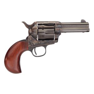 Antique revolver with wooden grip on white background