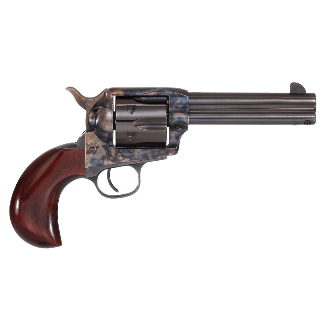 Vintage revolver with wooden grip on white background