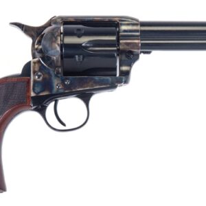 Vintage revolver with wooden grip on white background