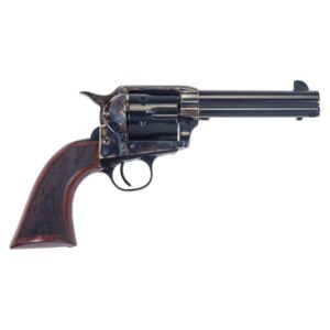 Vintage revolver with wooden grip on white background