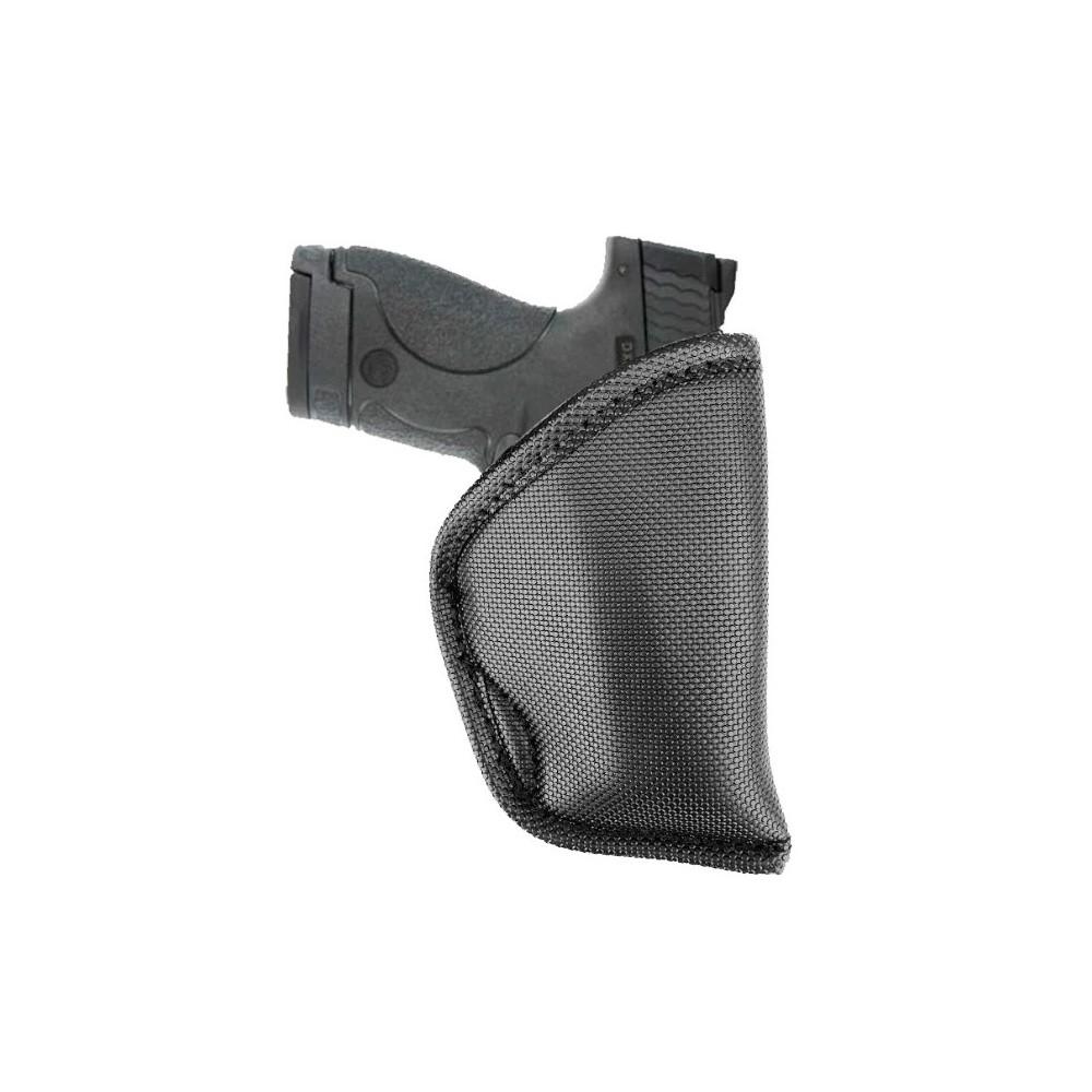 Handgun in a black nylon holster.