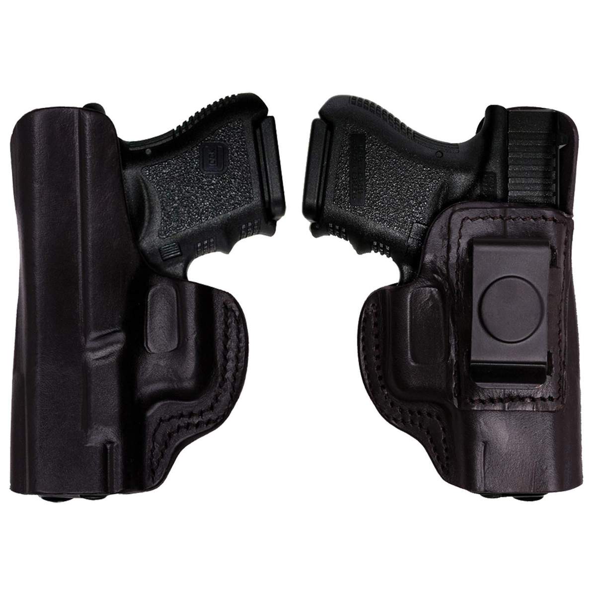 Two handguns in holsters side by side.
