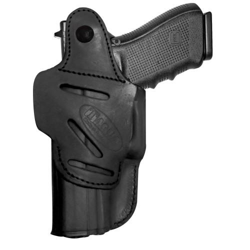 Black holster with a handgun inside.
