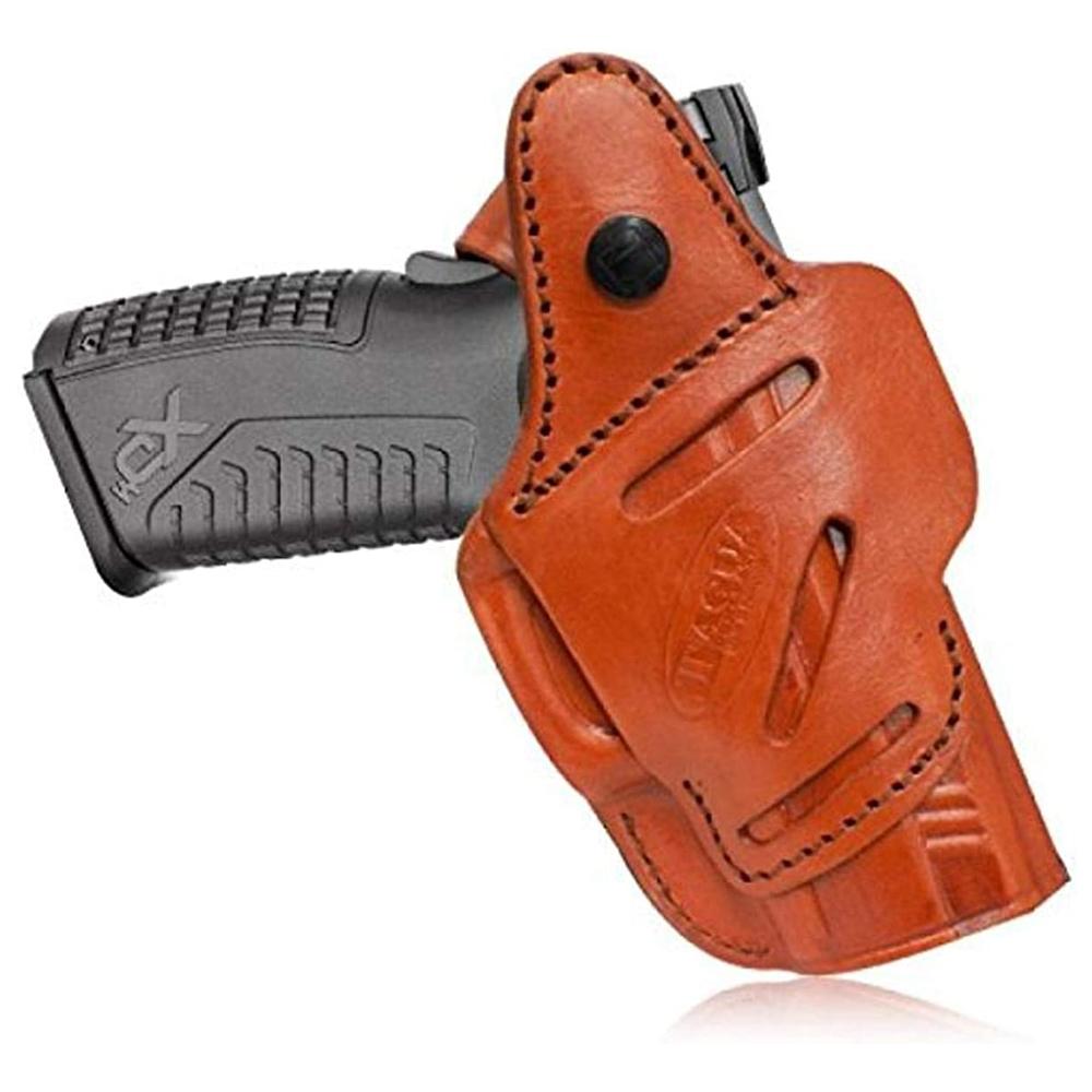 Black handgun in brown leather holster.