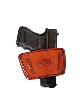 Black handgun in brown leather holster