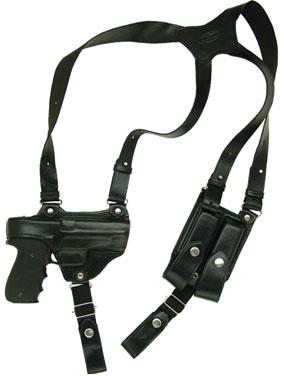 Black leather shoulder holster for firearm storage.