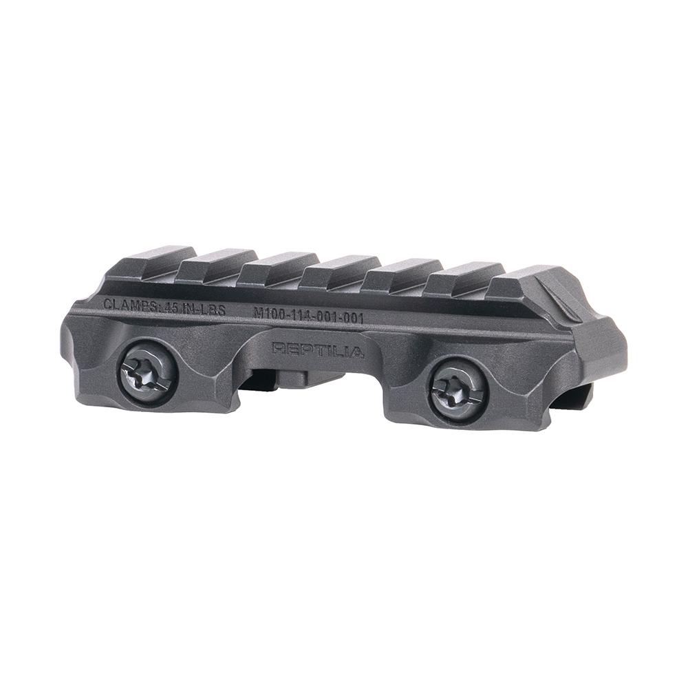 Black metal Picatinny rail mount with screws