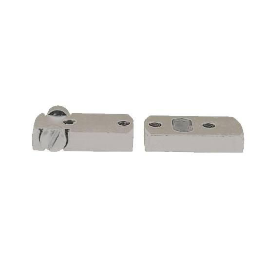 Two silver metal latch components on white background