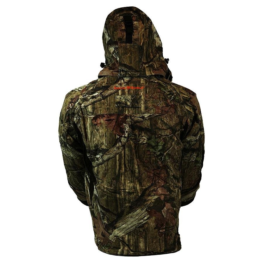 Back view of camouflage hooded jacket