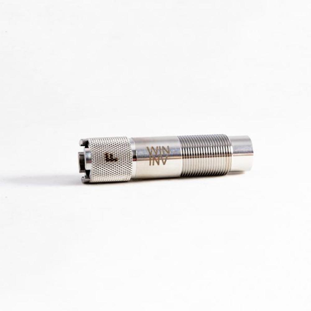 Stainless steel shotgun choke tube on white background
