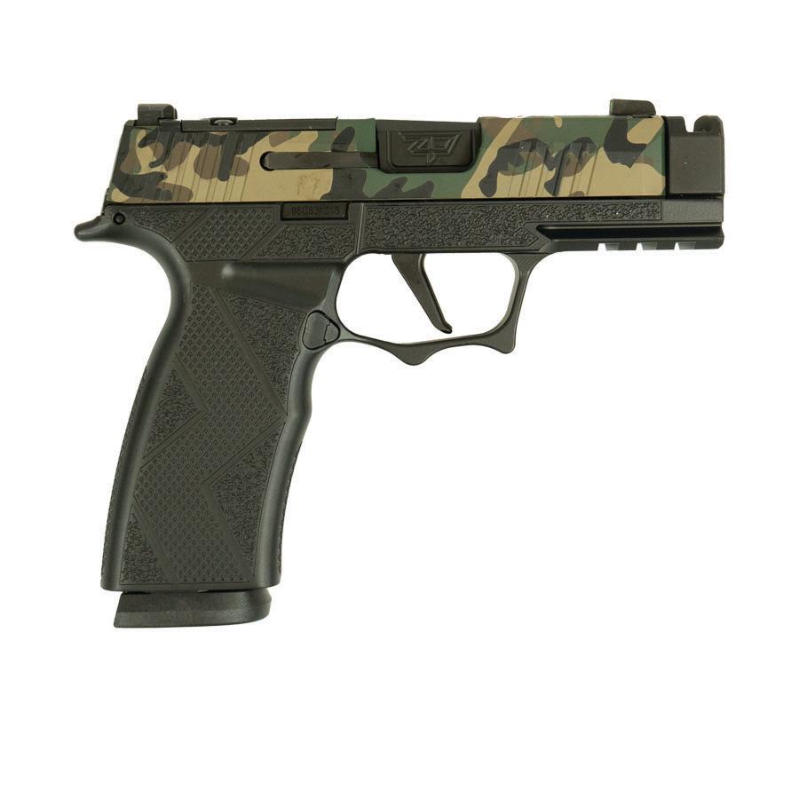 Camouflage slide semi-automatic handgun on white background
