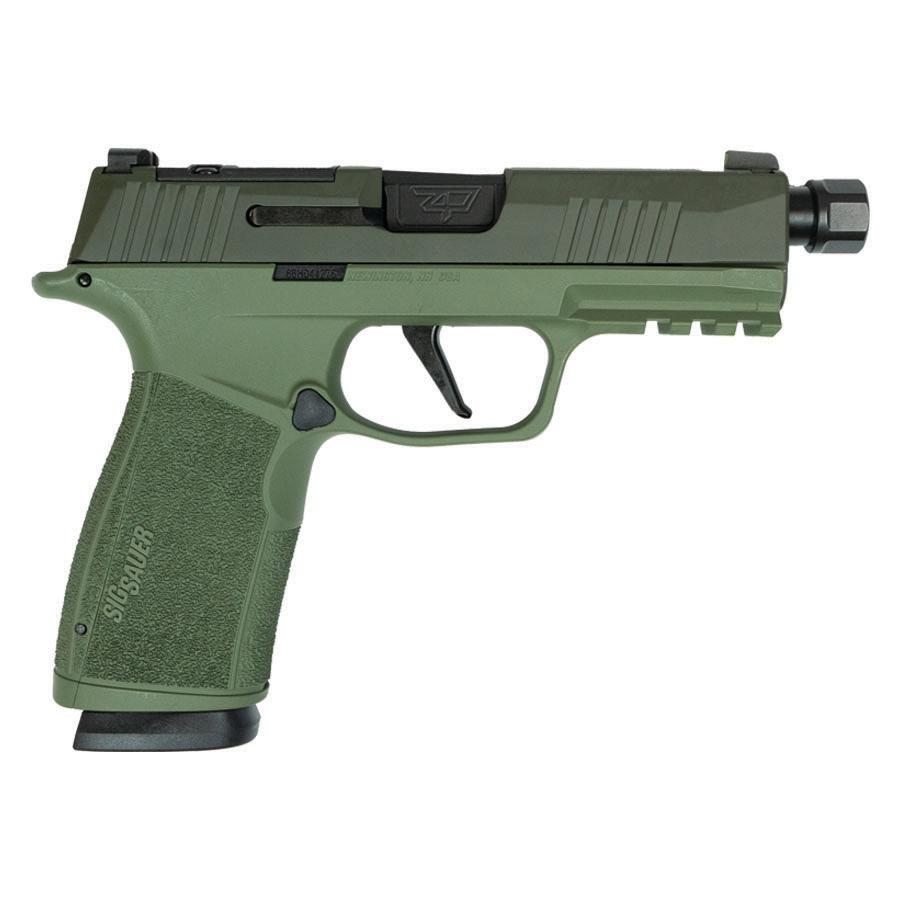 Green semi-automatic handgun with threaded barrel