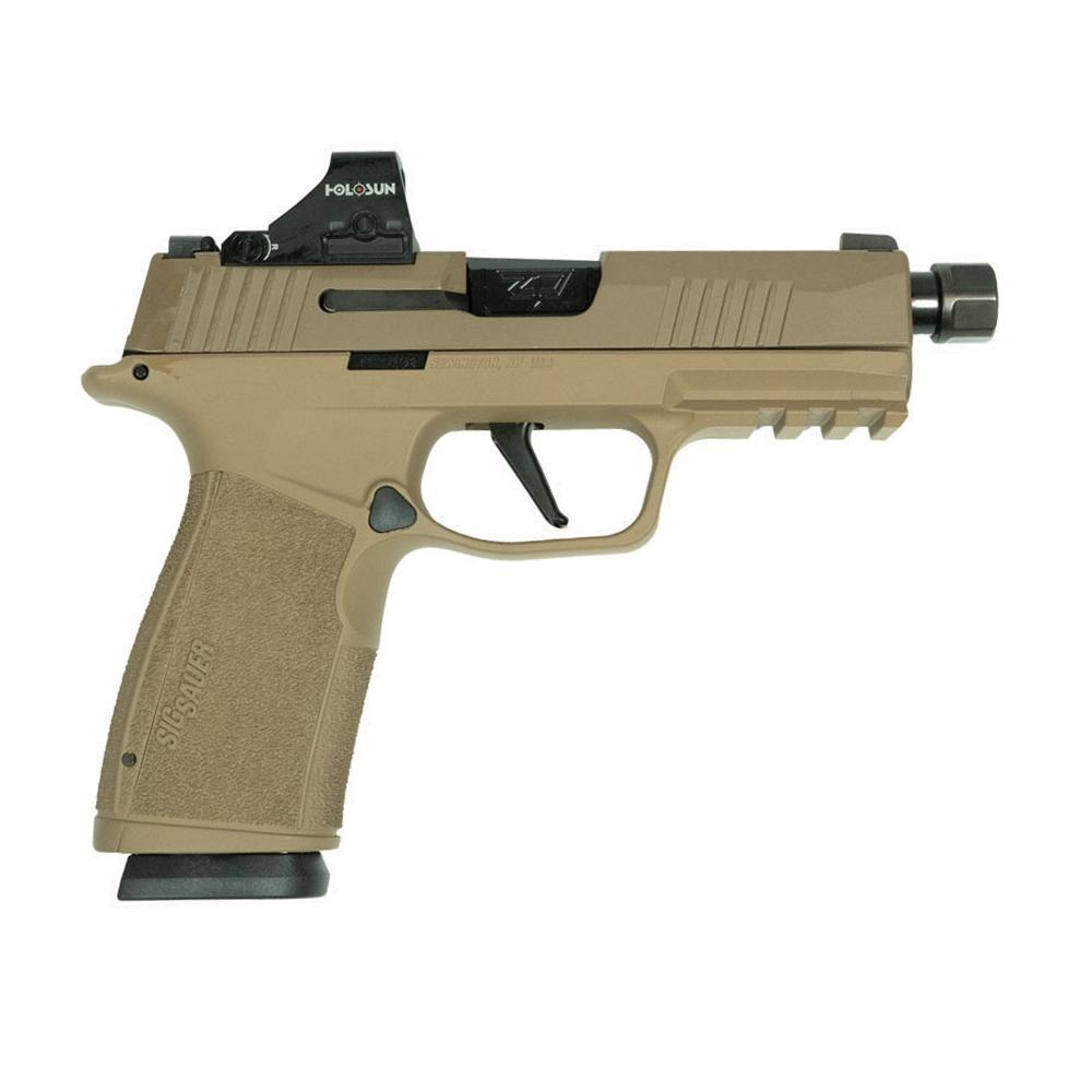 Tan semi-automatic pistol with red dot sight