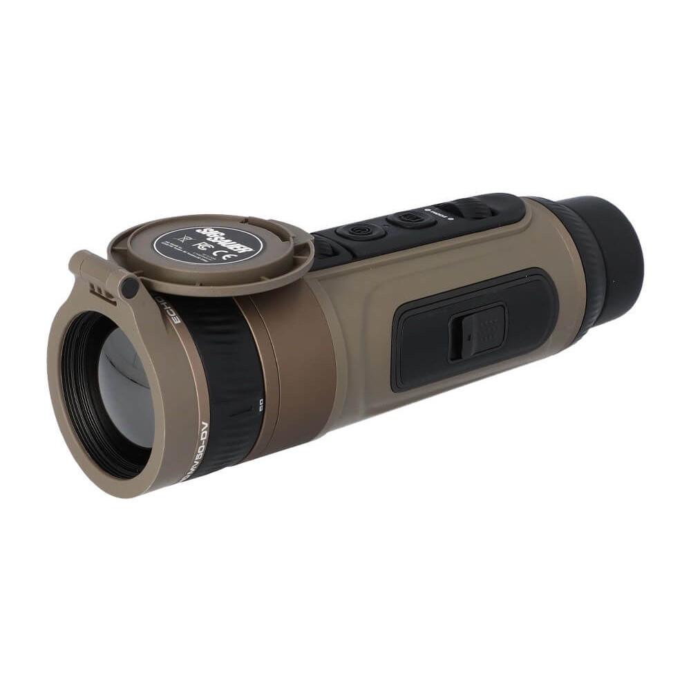 Tan handheld thermal monocular with lens cap open